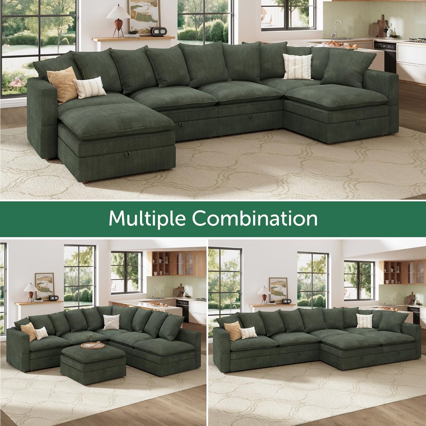 HONBAY Modular Sectional Sleeper Sofa, Corduroy 6 Seater Couch with Storage, Sectional Sleeper Couches for Living Room, Green