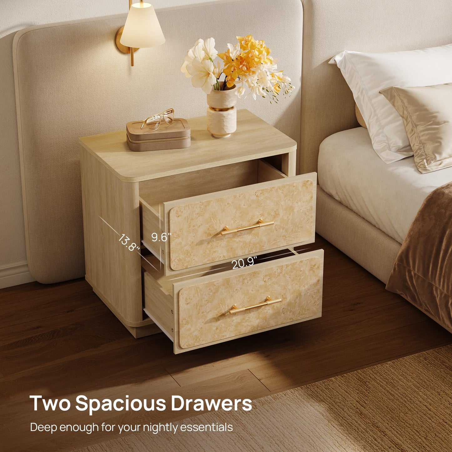 SICOTAS Nightstands Set of 2 with 2 Deep Drawers & Rounded Corners 24.8" Wide Modern Burl Wooden Night Stand Large Sturdy Bedside Table Easy Assembly End Tables for Bedroom Sofa Office