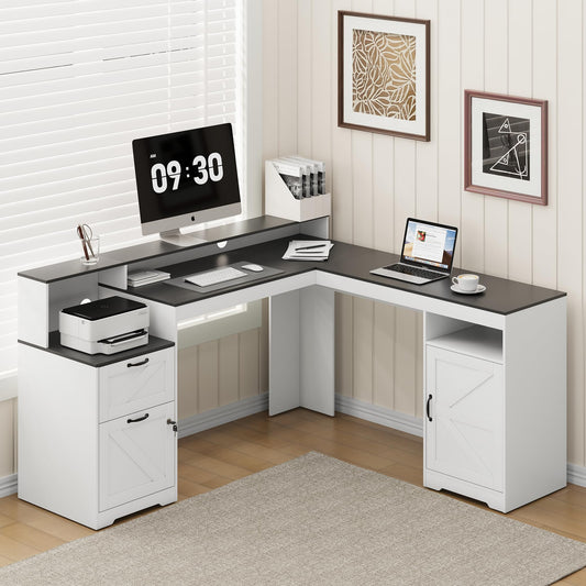 MALOL 63" Farmhouse L Shaped Executive Desk, Corner Computer Desk with Drawers & Storage Shelf, Home Office Desk with Power Outlet, Monitor Stand, Wood Grain Desktop, White & Black