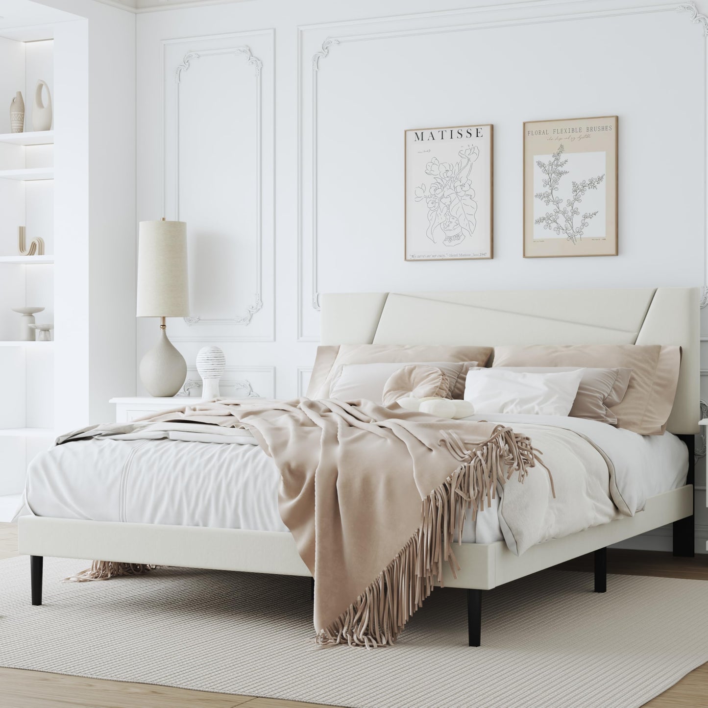 ZZBINUS Queen Size Bed Frame, Queen Size Platform Bed Frame with Headboard, Upholstered Headboard, Sturdy Wooden Slats, Noiseless No Box Spring Required, Easy to Assemble, Beige