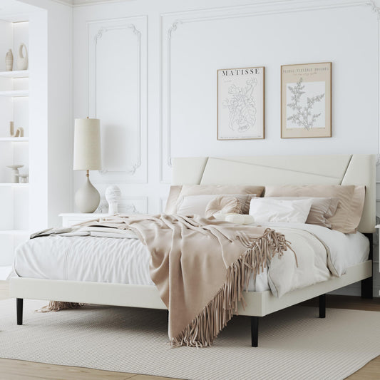 ZZBINUS Queen Size Bed Frame, Queen Size Platform Bed Frame with Headboard, Upholstered Headboard, Sturdy Wooden Slats, Noiseless No Box Spring Required, Easy to Assemble, Beige