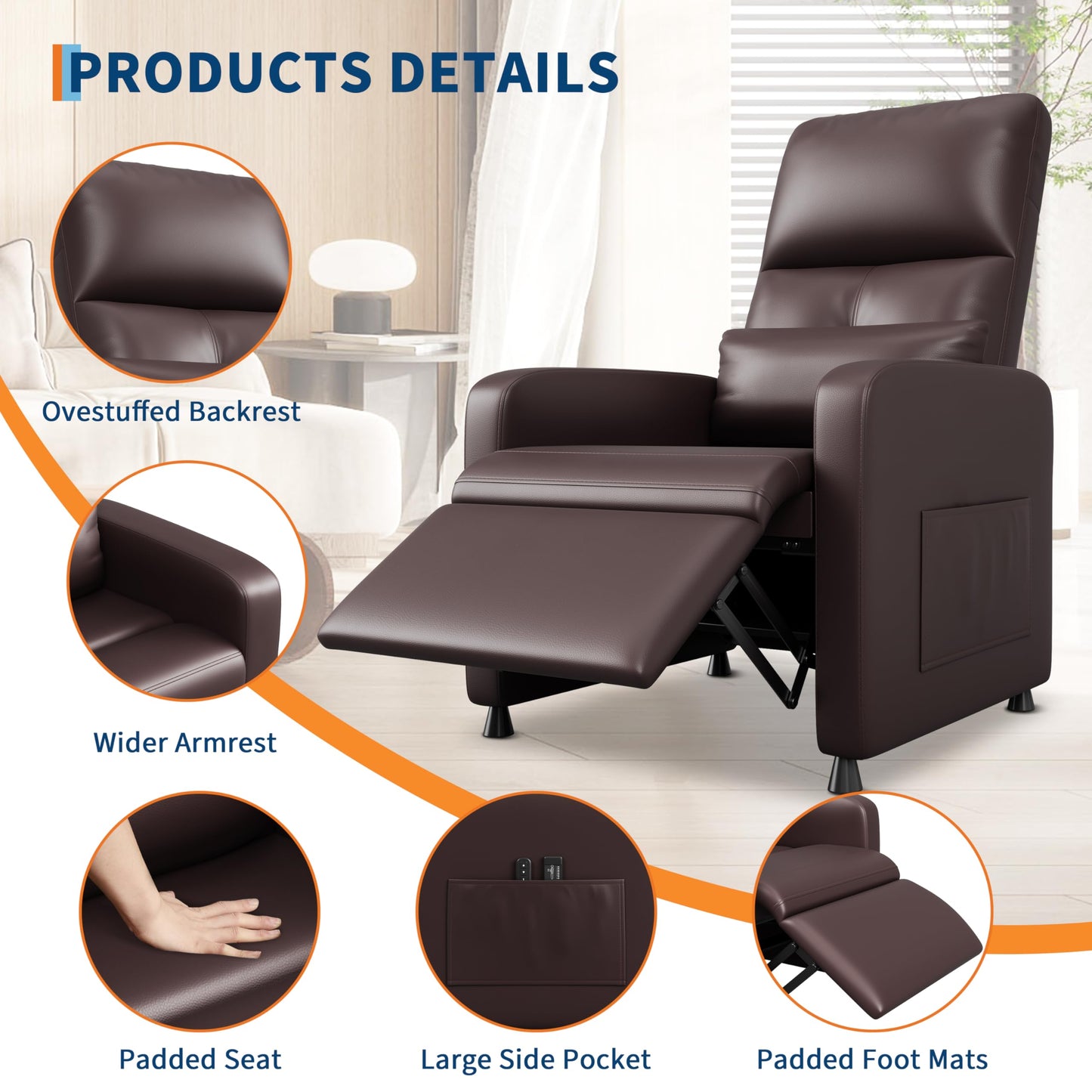 Power Recliner Chair with Heat & Massage, Adjustable Electric PU Leather Single Sofa, Ergonomic Tall-Back Padded Seat, Home Theater Seating Recliner for Living Room