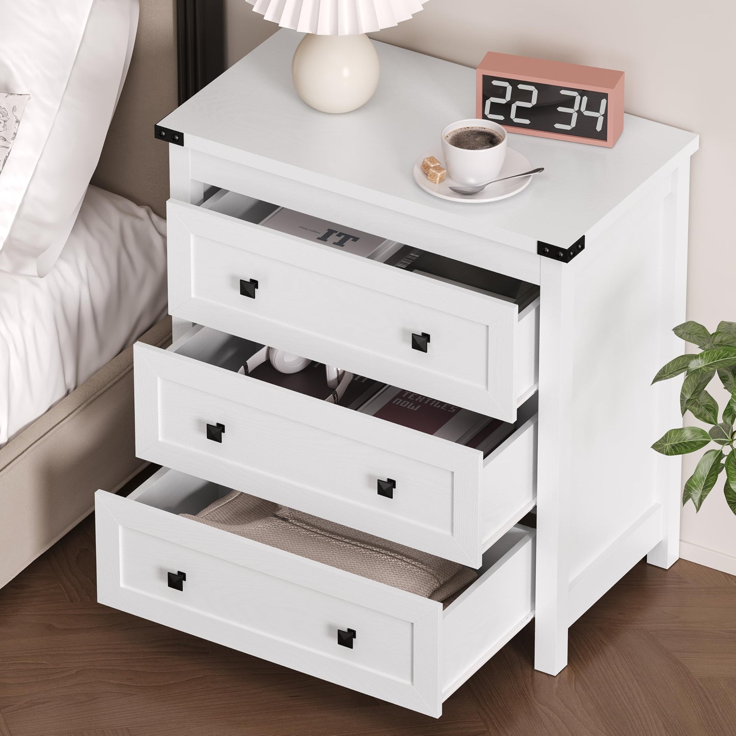 BORNOON 3-Drawer Night Stand Set of 2, Modern Bedside Table Dresser with Metal Handles, Sturdy Wooden End Side Table Storage Cabinet with Anti-Tipping Design for Bedroom