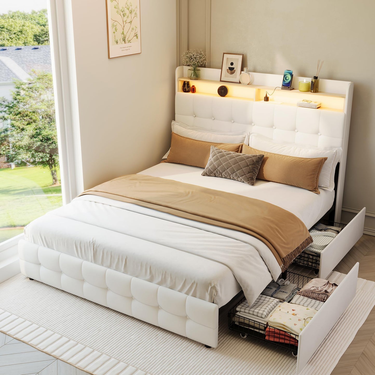 Garvee Queen Size Bed Frame with 2 Storage Drawers, Upholstered Bed Frame Queen with LED Light, Double-Layer Bedside Headboard with Charging Socket and USB Port, Soft Plush Fabric, White