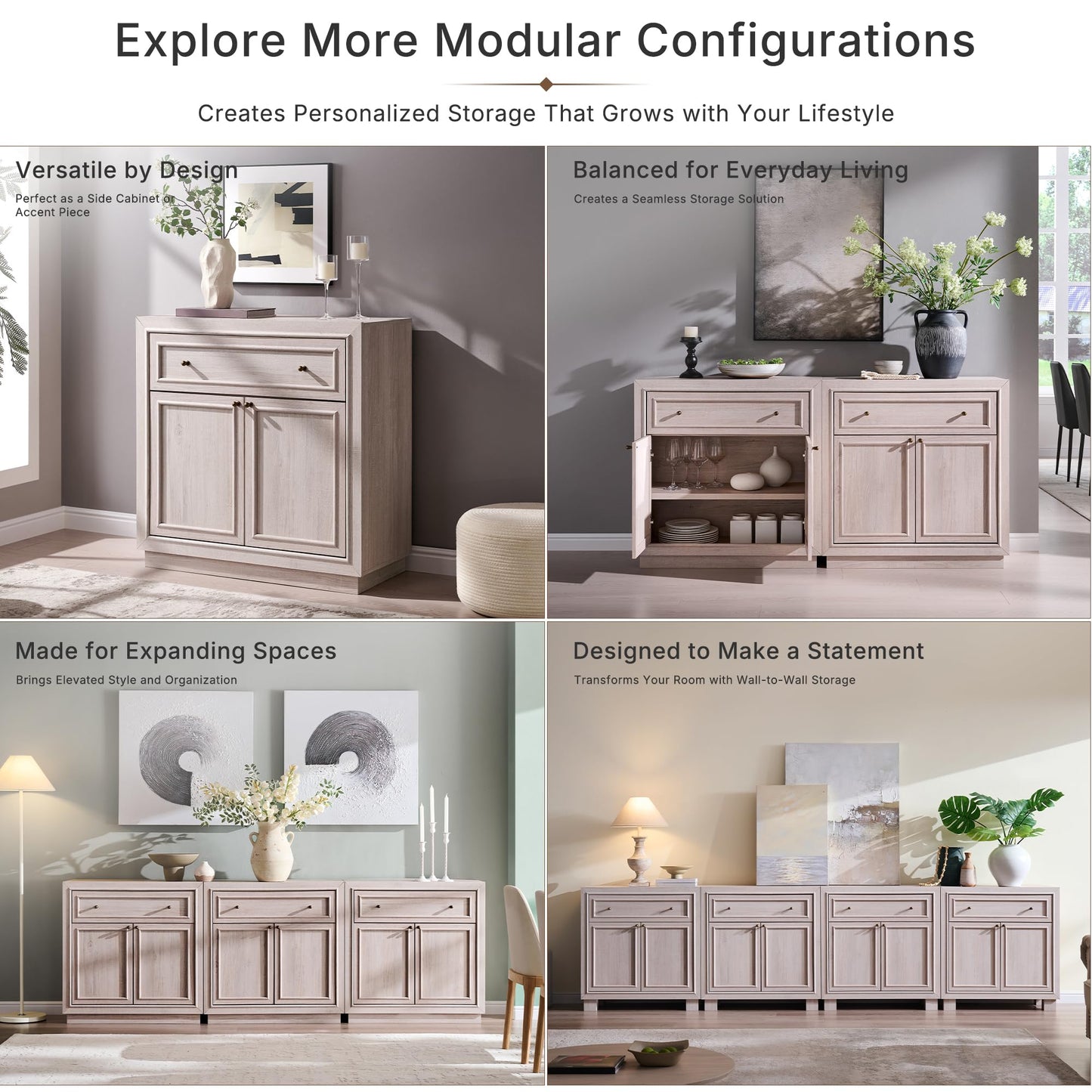 ACCOHOHO Modern Farmhouse Buffet Cabinet, 63" Sideboard Credenza, Modular Storage Cabinet with Framed Panel Fronts, 4 Doors, 2 Drawers, Adjustable Shelves & Dual Base Design, White Alder