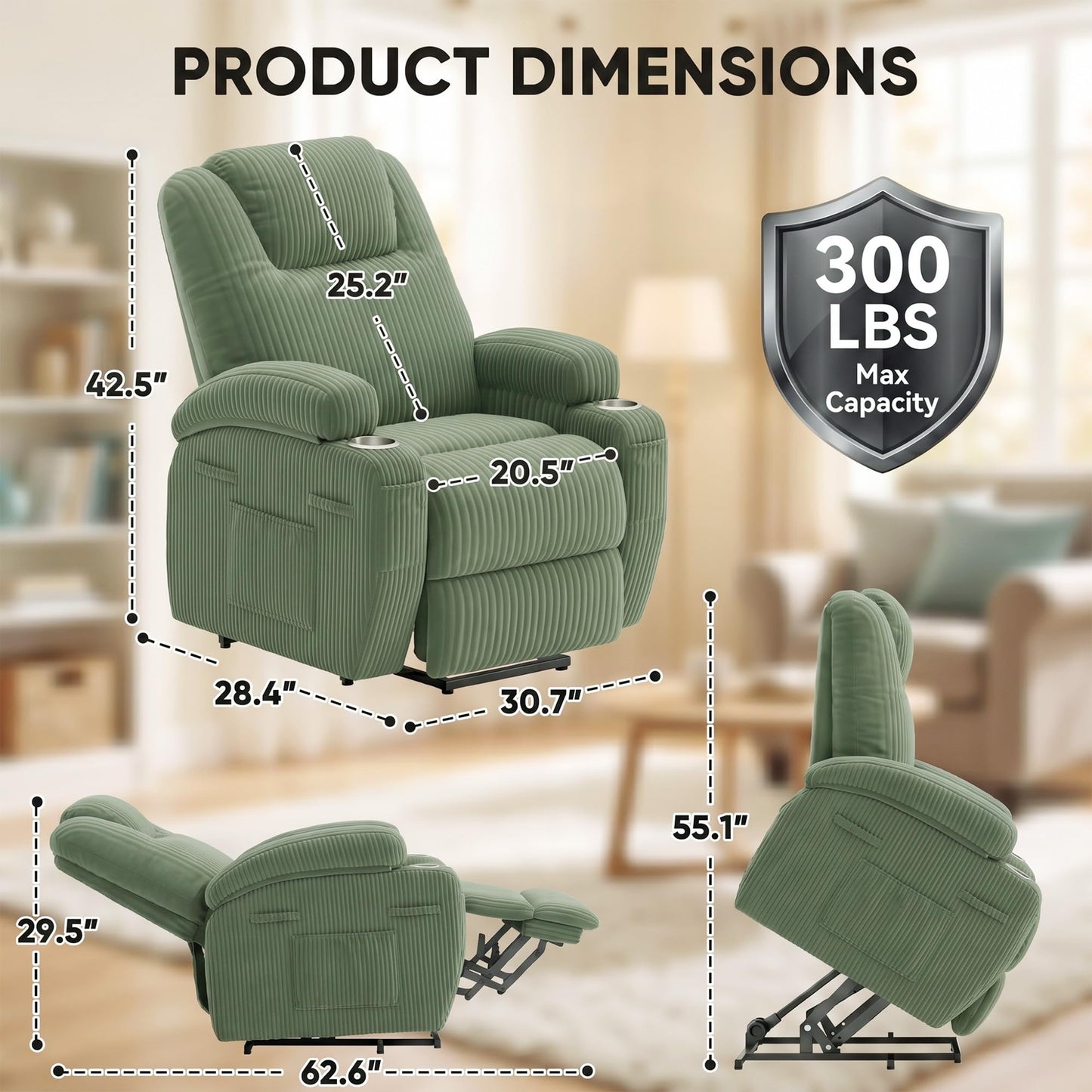 Flamaker Power Lift Chair Massage Recliner Chairs for Elderly, Corduroy Ergonomic Design with Cup Holders & Side Pockets, Remote Control (Green)