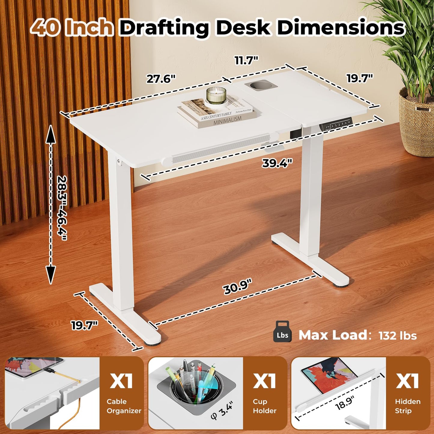 JOY worker Electric Drafting Table, 40×20" Height Adjustable Standing Art Desk, Drawing Workstation with 0‑90° Tiltable Surface, Cup Holder & Cable Management for Artist Craft Home Studio, White