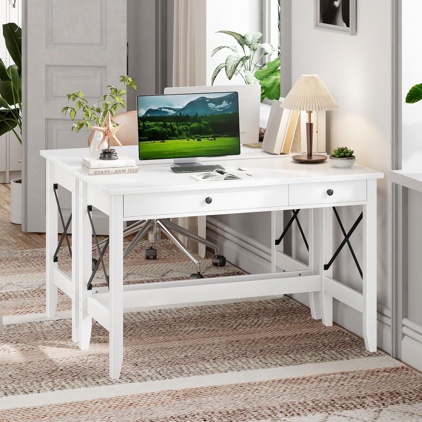 JSB 43.3'' White Computer Desk for Home Office,Farmhouse Executive Desk with 2 File Drawers,Study Writing Table Storage Cabinet,Makeup Vanity Desk for Bedroom (White, 43.3in)