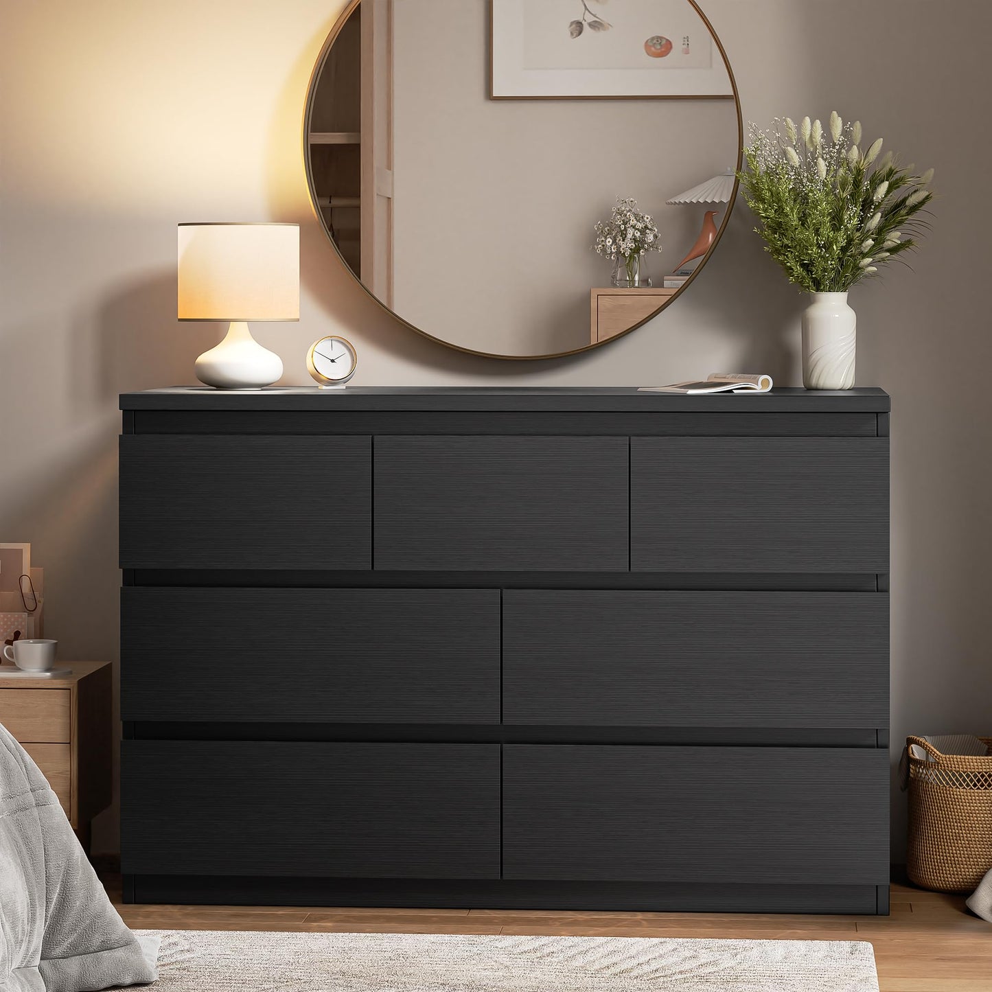 Jocoevol Modern Black 7 Drawer Dresser for Bedroom, Simply Chest of Drawers, Wood Storage Dresser with Deep Drawers for Living Room Hallway Entryway, Black