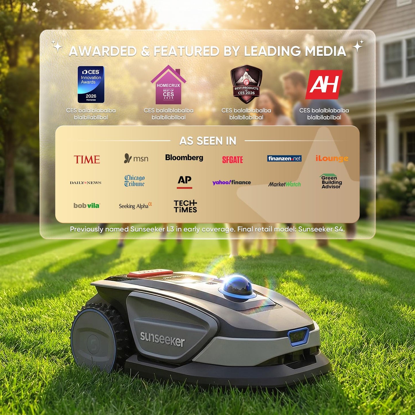 Sunseeker S4 LiDAR Robot Lawn Mower for Up to 0.25 Acre (1000 m²), Vision AI + 360° 3D LiDAR Navigation, Wire-Free Virtual Boundary, Systematic Cutting, 42% Slope, App Control, 60 dB Quiet Mowing