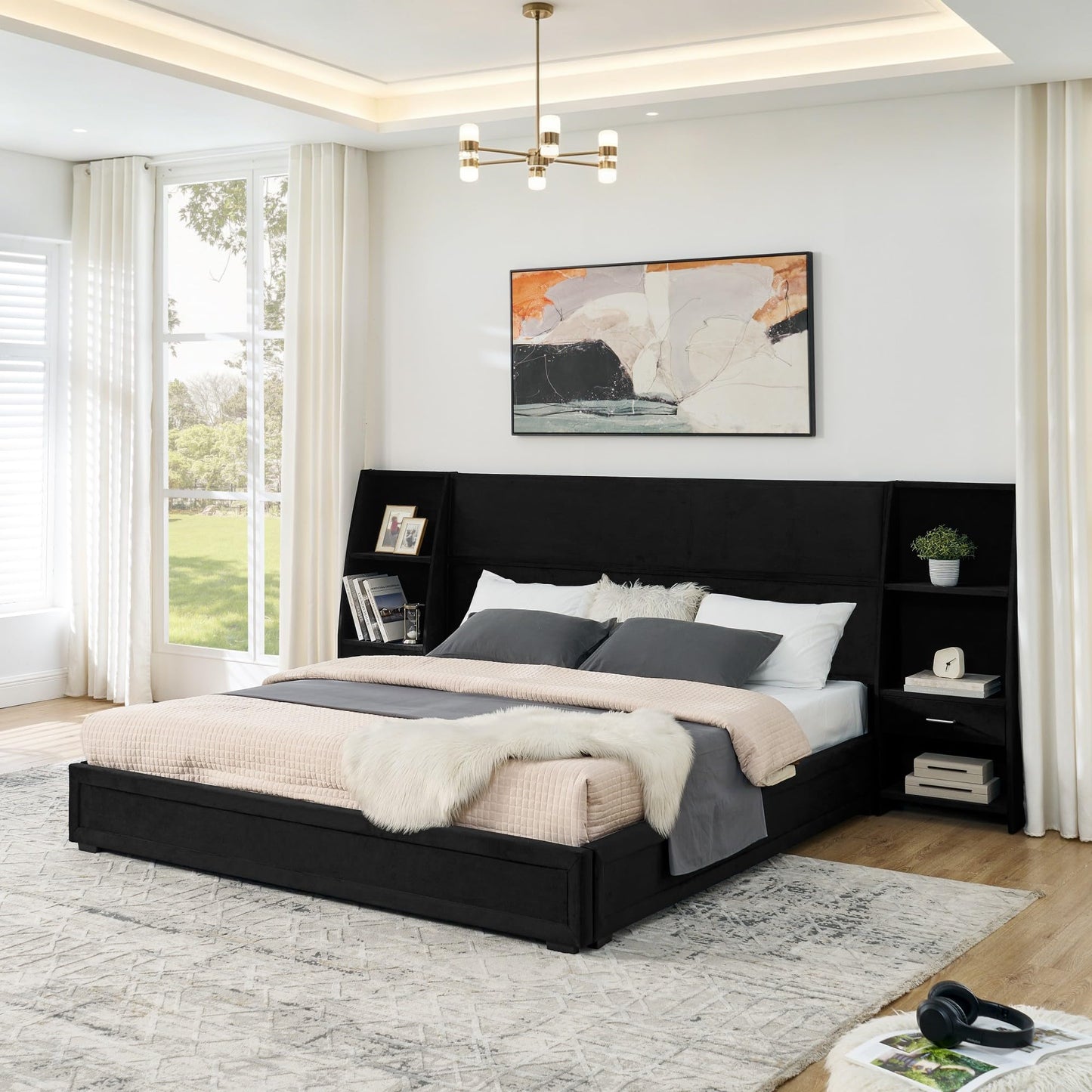 KEIKI King Size Velvet Platform Bed Frame with 2 Built-in Storage Nightstands & Shelves, Oversized Headboard Upholstered Bedroom Bed Set, Wood Floor Grounded Bed, Modern, No Box Spring Needed, Black