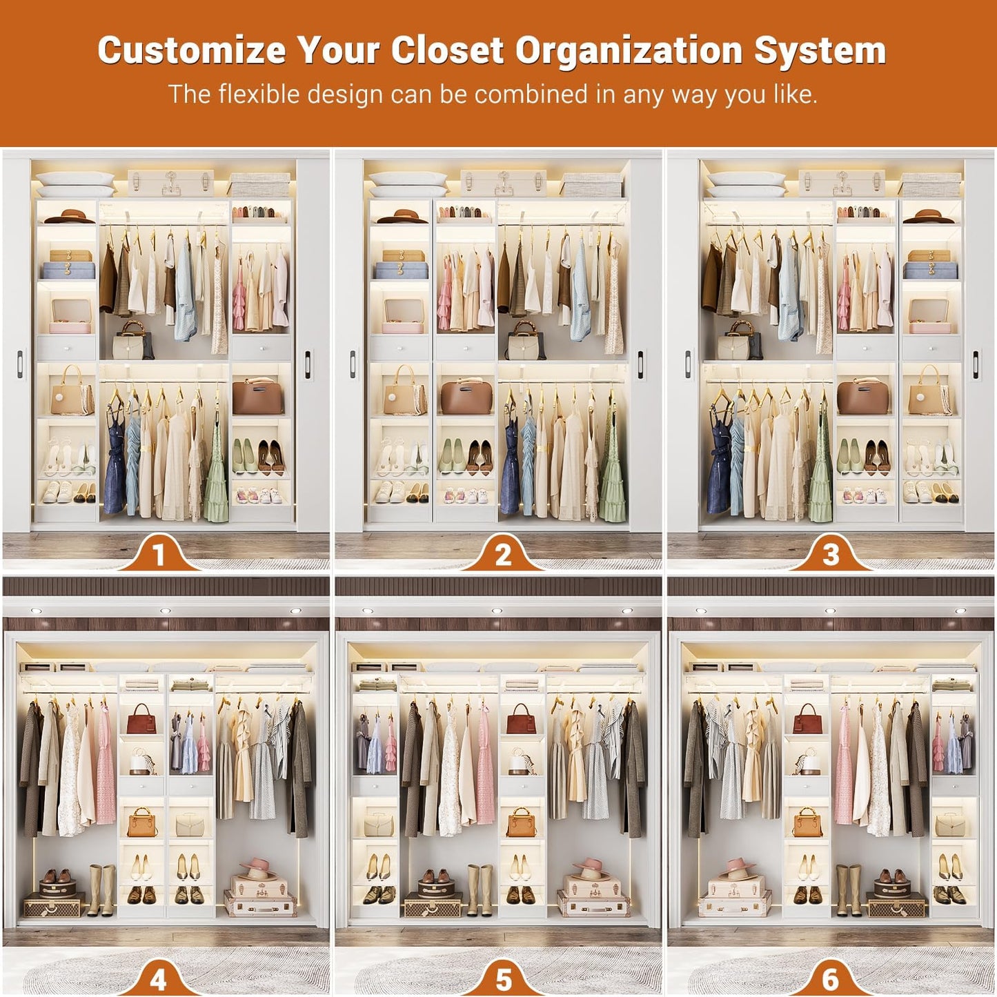 Unikito 58" W - 90" W Closet System, Large Walk in Closet Organizer with 3 Hanging Rods and Shelves, Heavy Duty Wood Closets Wardrobe with 2 Drawer & Shoe Rack, Sturdy Reversible Clothing Racks, White