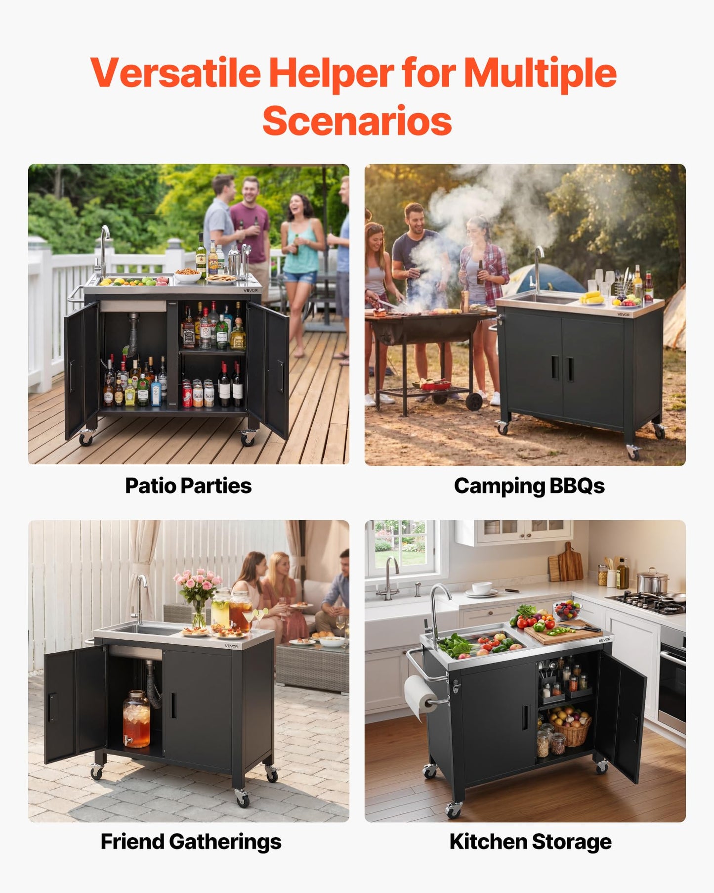 VEVOR Outdoor Grill Cart with Sink and Storage Cabinet, 38 Inch Grill Table, Waterproof Kitchen Island with Stainless Steel Top, Spice Rack, Wheel, Movable Food Prep Station for Patio Bar Backyard BBQ