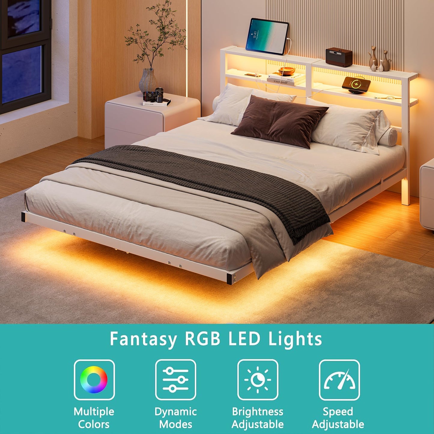 HAHRIR Floating Queen Bed Frame with LED Lights & USB Charging Station, Metal Platform Bed with Two Storage Shelves, Heavy Duty Noise-Free Slats,White