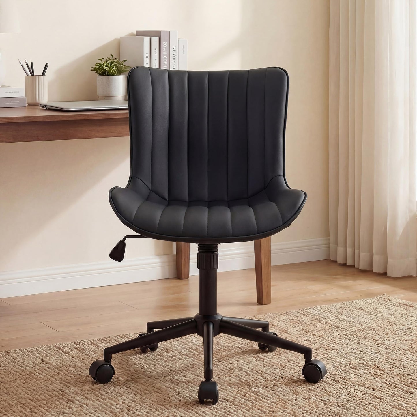 Kidol & Shellder Office Desk Chair with Wheels Modern Leather Cute Armless Swivel Vanity Chair with Comfy Padded Back Ergonomic Rolling Adjustable Computer Task Chair Small Black