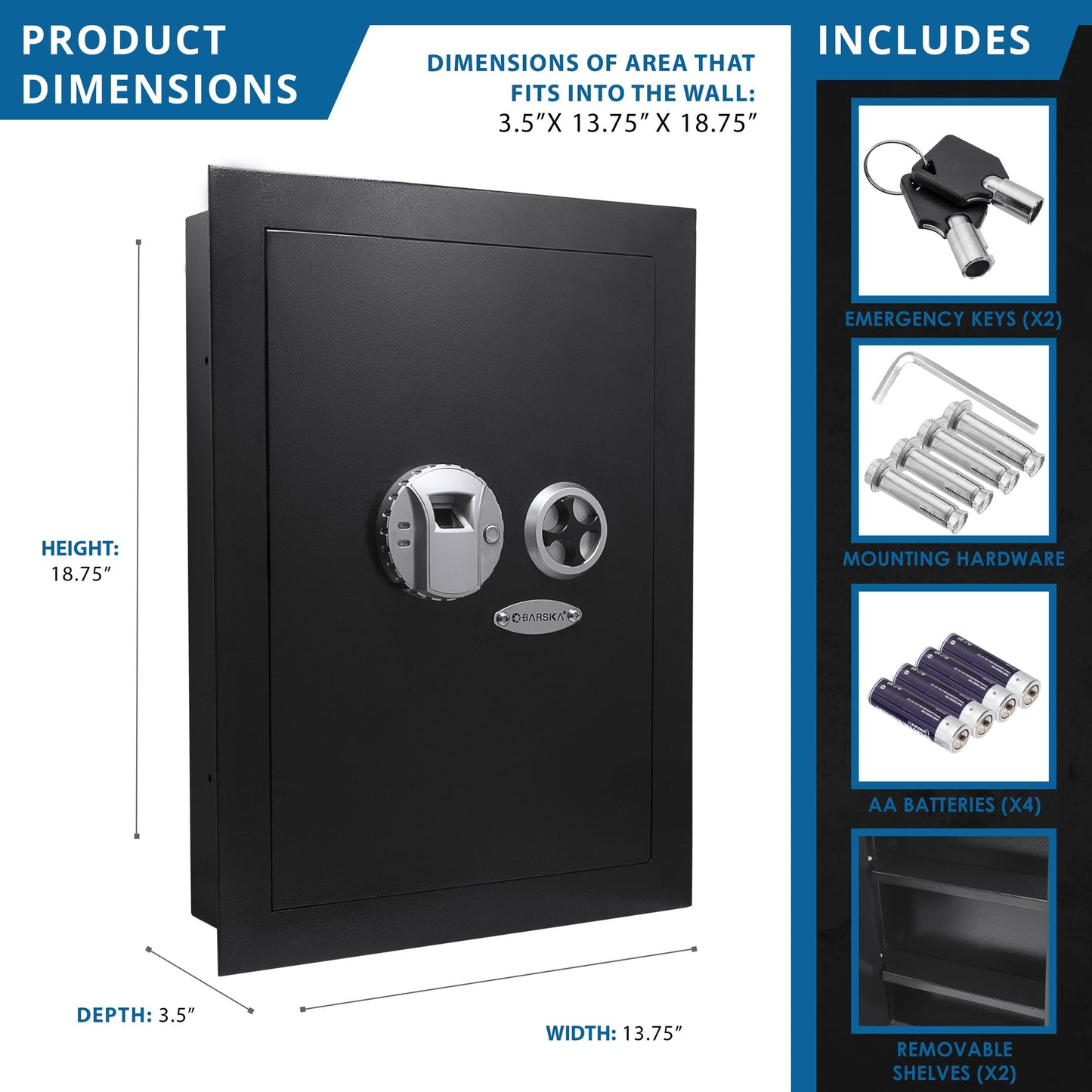 Barska Biometric Fingerprint Wall Safe with Adjustable Shelves – Steel Security Safe with Pry-Resistant Deadbolts, Mountable for Home, Office, and Business Use - In wall safe - Hidden Safe Cabinet