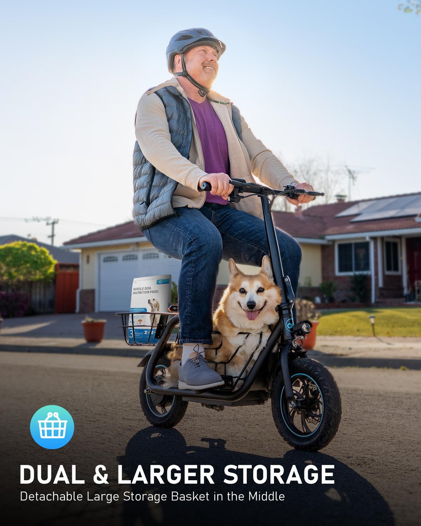Electric Scooter with Seat, 300W Motor, 15.53MPH Top Speed, 20 Miles Range, Adults E-Scooter with Large Storage Basket for Pets Dogs and Items C1S-PLG