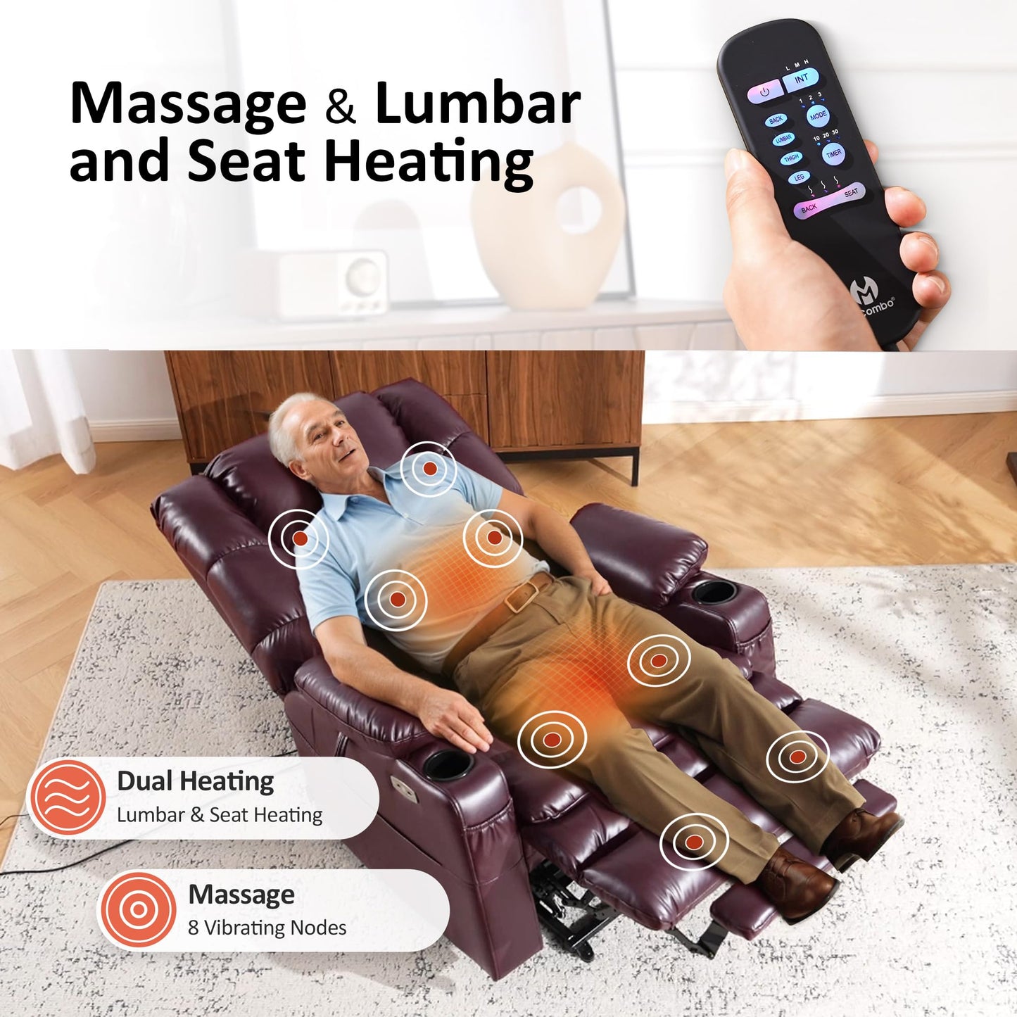 MCombo Triple Motor Lay Flat Power Lift Recliner Chair for Tall Elderly, Infinite Position, Massage, Dual Heating, Adjustable Headrest, Faux Leather 7634 (Wine, Large)