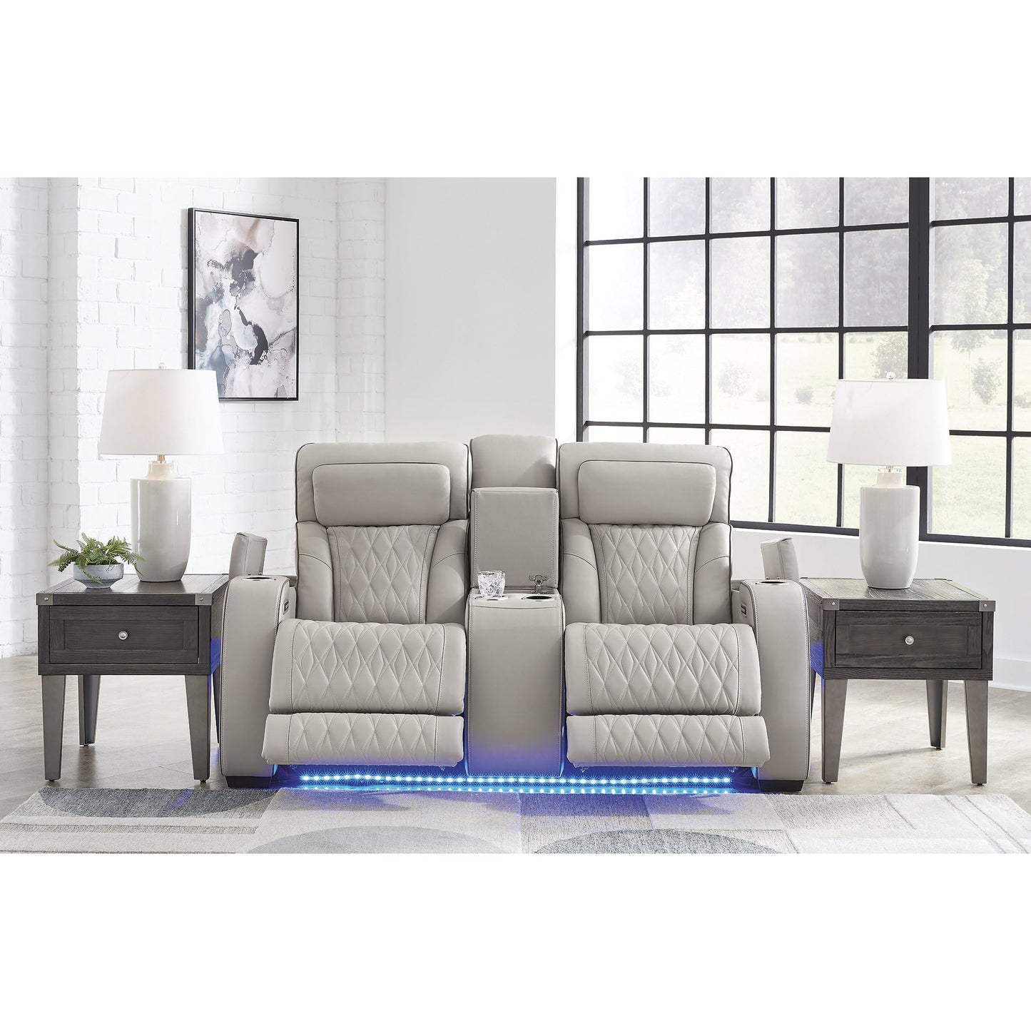 Signature Design by Ashley Boyington Contemporary Leather Match Power Reclining Loveseat with Console and USB Charging Ports, LED Lights and Adjustable Headrest, Light Gray