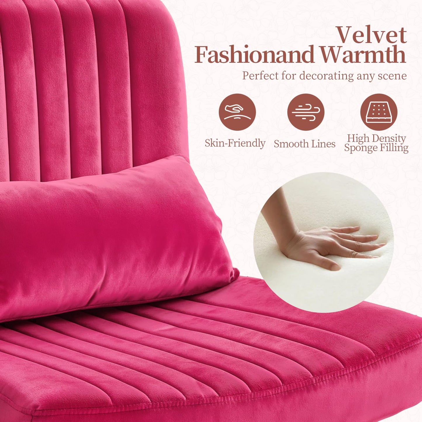 Warmiehomy Criss Cross Office Chair with Wheels, Velvet Cross Legged Desk Chairs for Home, Height Adjustable Swivel Wide Seat Computer Chair, Modern Vanity Chair for Women, Hot Pink