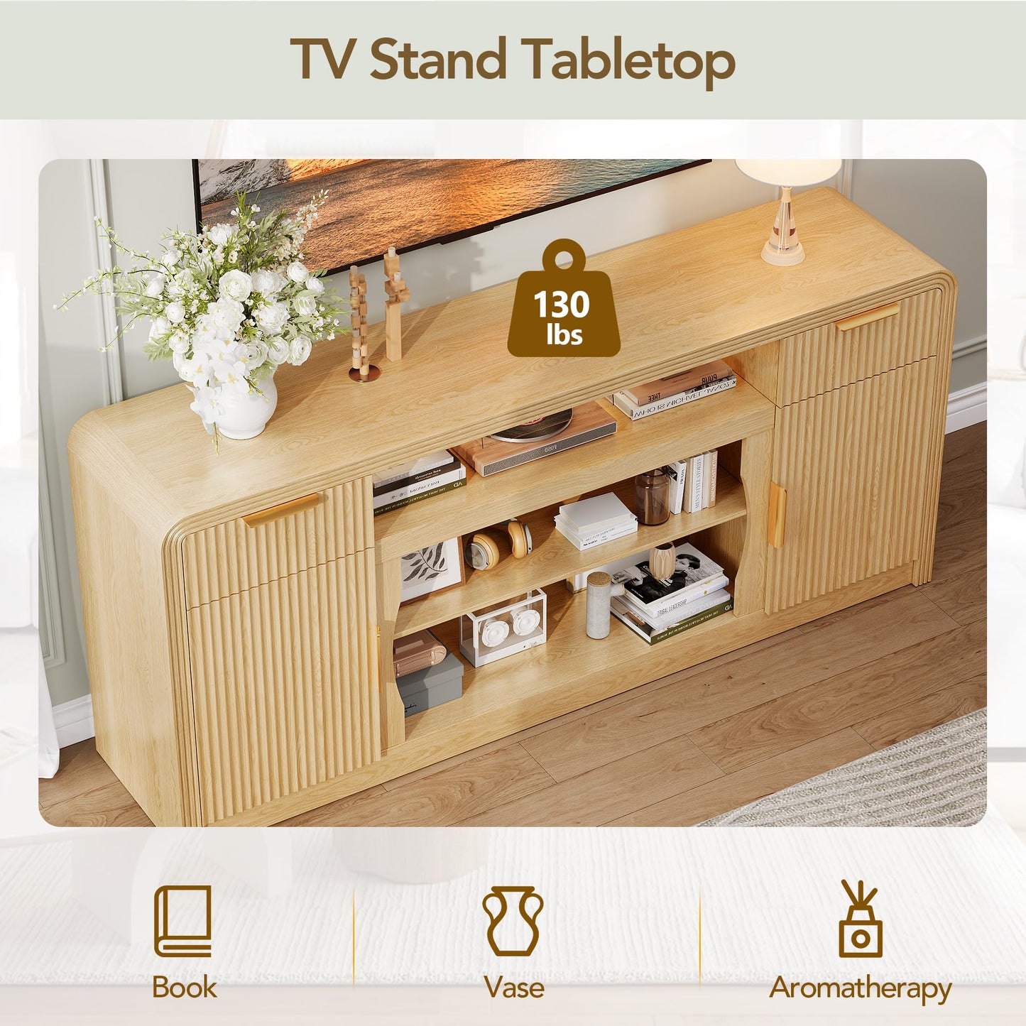 Decofy 70" Fluted TV Stand, Entertainment Center for 80" TVs, Mid Century Modern TV Console Cabinet with Wavy Grain Doors & Adjustable Shelves, Modern Media TV Console Table for Living Room (Oak)