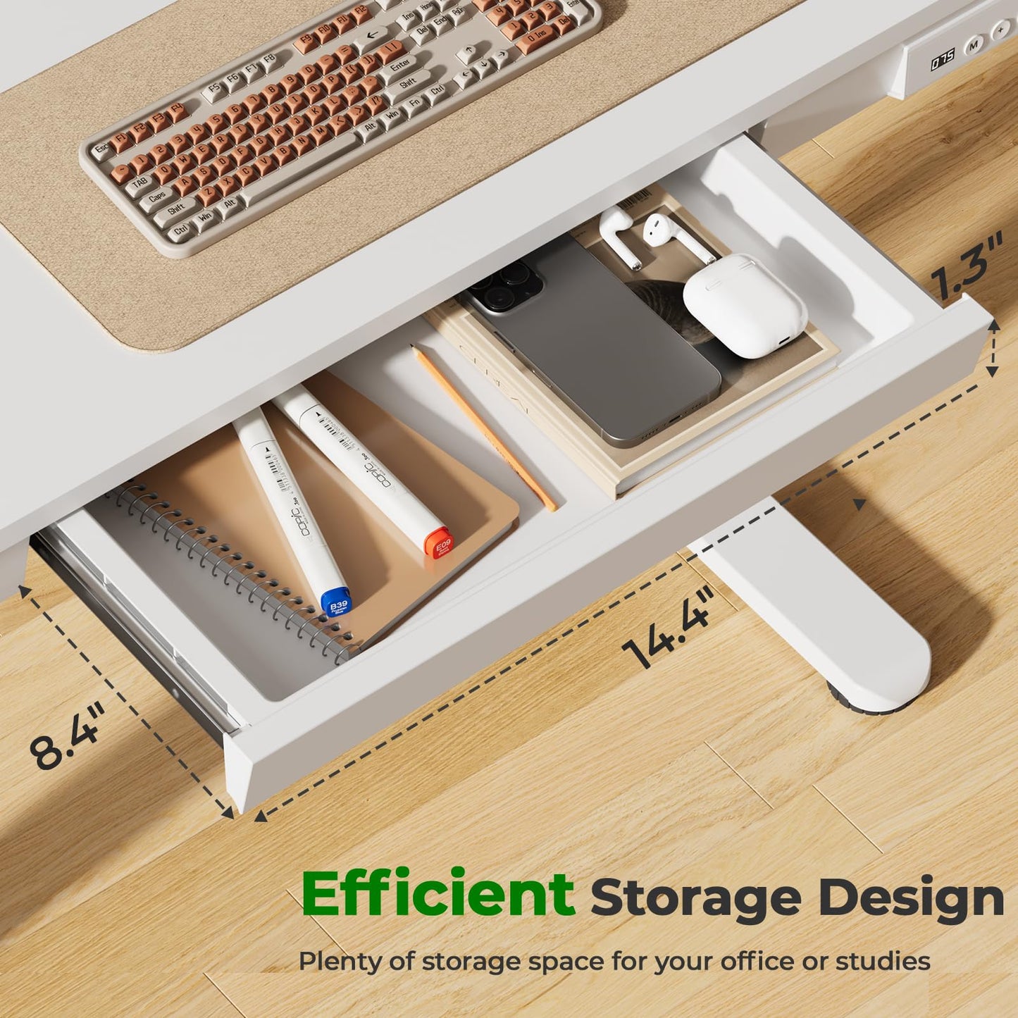 JYLH JOYSEEKER Electric Standing Desk with Drawer, 35" x 20" Whole Piece Tabletop Small Sit Stand Desk, Height Adjustable Desk with Storage & USB Ports, Quick Install Home Office Computer Desk, White