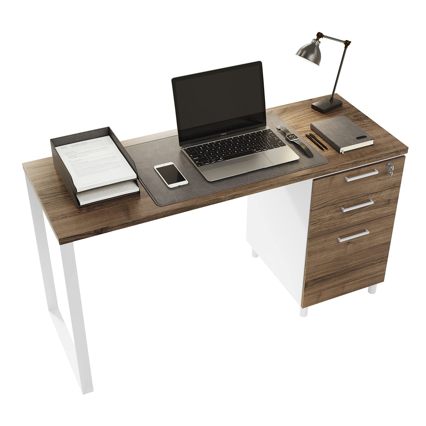 Modern Design Milano Office Desk with 3 Locking Drawers, 48 Inch White and Walnut Industrial Wood Desk with Filing Drawer and Storage, by Crafts and Comfort
