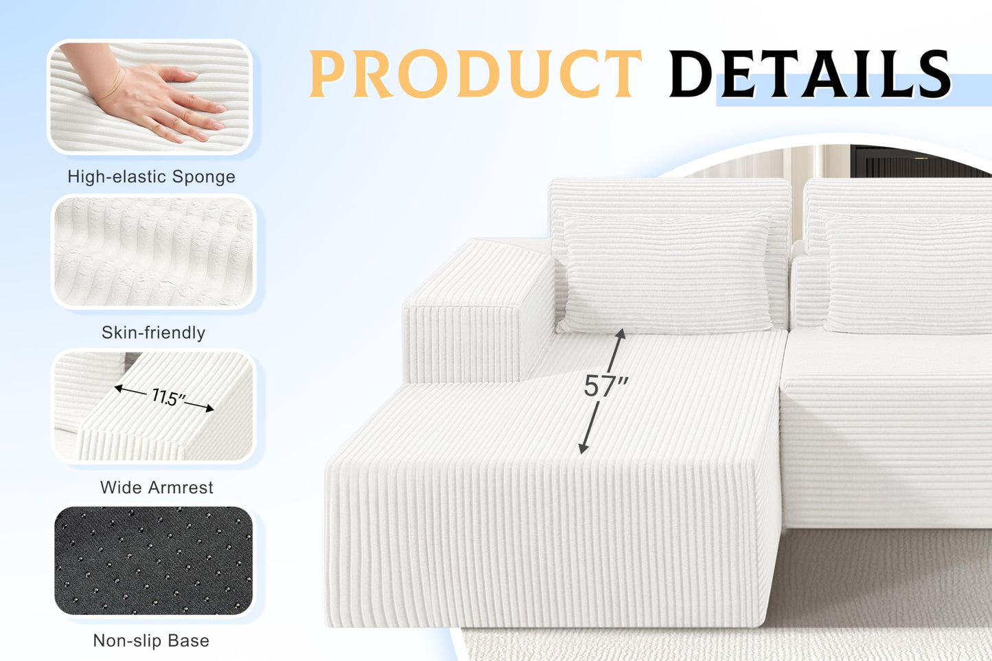 Homguava Modular Sectional Couches for Living Room,105" Cloud Couch with L-Shape Chaise,Comfy Sofa Living Room Sofas with Deep Seat,No Assembly L Couch,Corduroy Fabric(Beige,L)