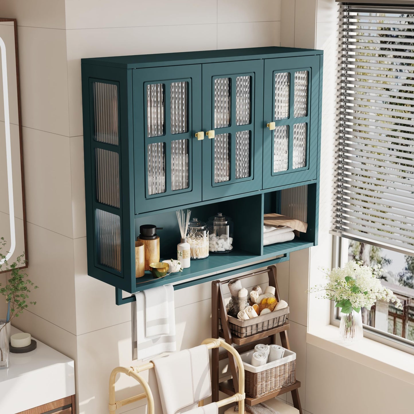 GDFStudio 34.65" Modern Wall Mounted Bathroom Cabinet with Glass Doors, Medicine Cabinet Organizer with Hidden Storage, Open Shelf & Towel Bar, Storage Cabinet for Bathroom Living Room, Dark Green