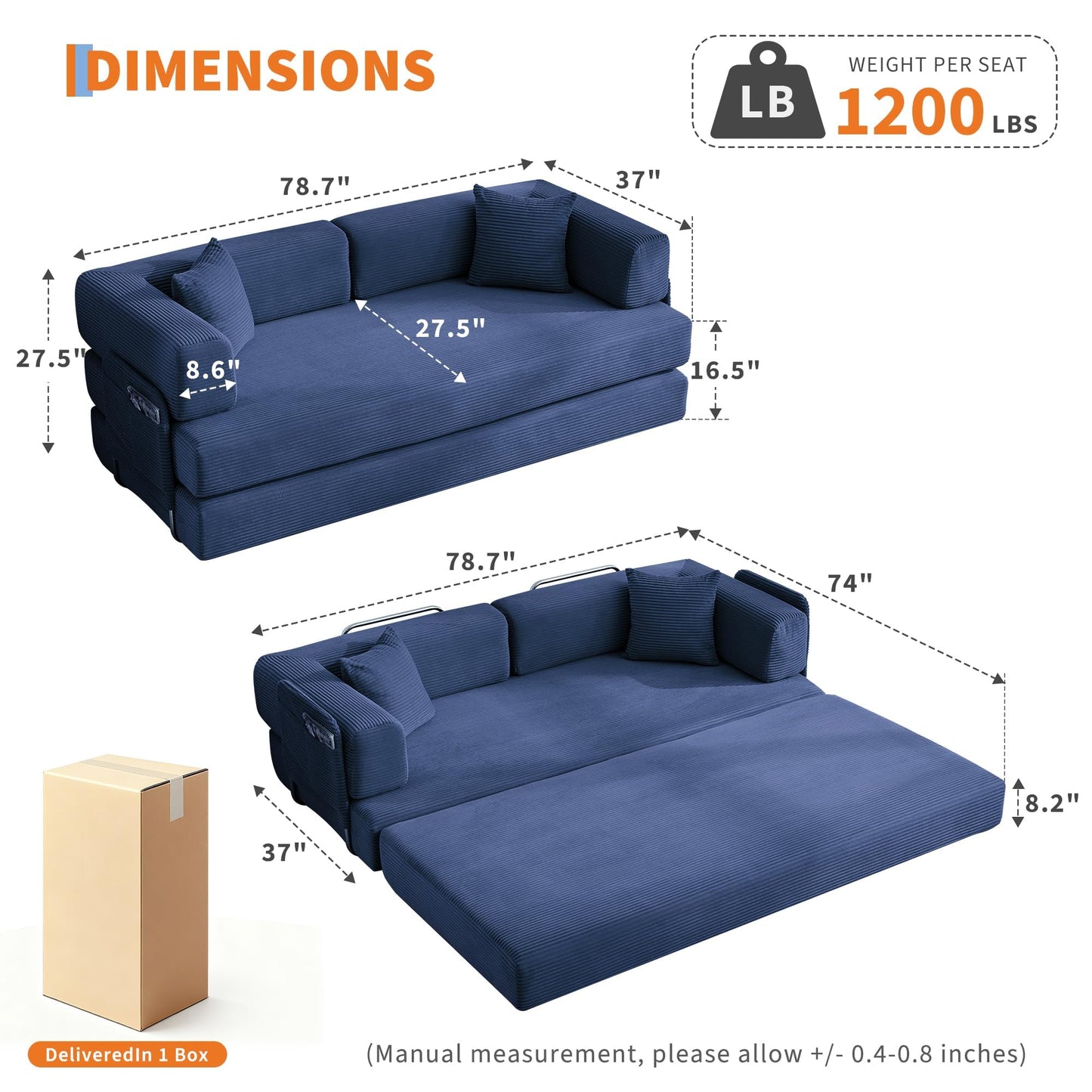 GarveeLife 78.8" Modular Corduroy Sofa Bed,5 in 1 Convertible Futon Floor Couch with Pull-Out Sleeper,Multi-Functional Futon for Living Room Guest Room & Small Spaces