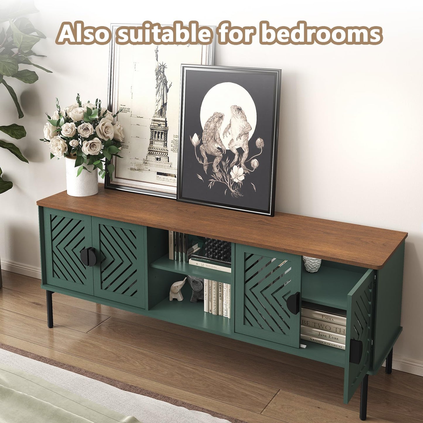ARTPOWER 63" Modern TV Stands for Living Room, Long Entertainment Center with Storage, TV Console for 55 60 65 70 Inch TV, Bedroom TV Cabinet with Doors, Wood Media Console, Television Stand, Green