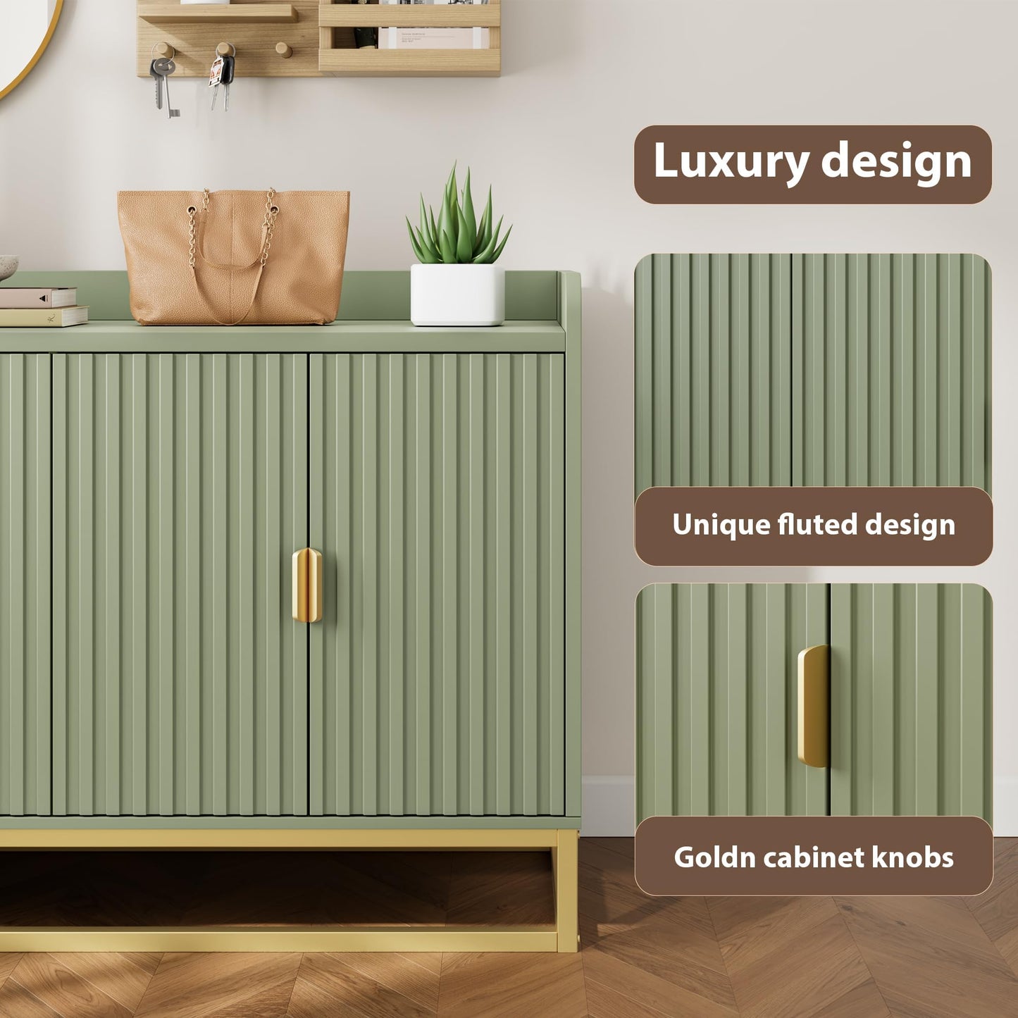 Garvee 47.2" Fluted Sideboard with Storage Cabinet, Modern Kitchen Sideboard with Adjustable Shelves, Media Console Buffet Cabinet with Doors for Living Room, Kitchen, Entryway, Green