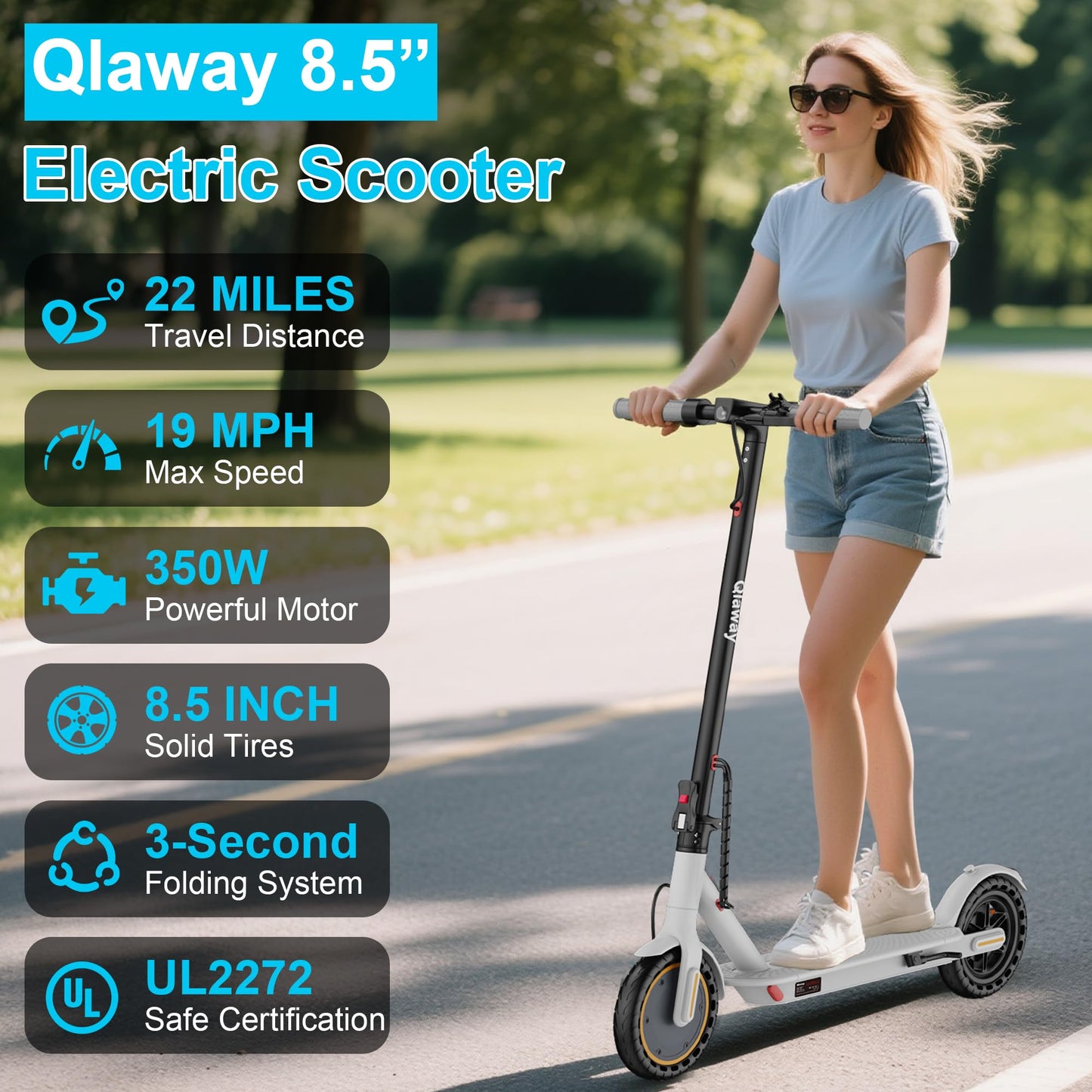 Qlaway 8.5" E Scooter for Adults Aluminum Alloy Frame 19 MPH 350W Motor 288.6WH Battery, Motorized Scooter Up to 22 Miles Range, Foldable Bearing 265 LBS/APP Control