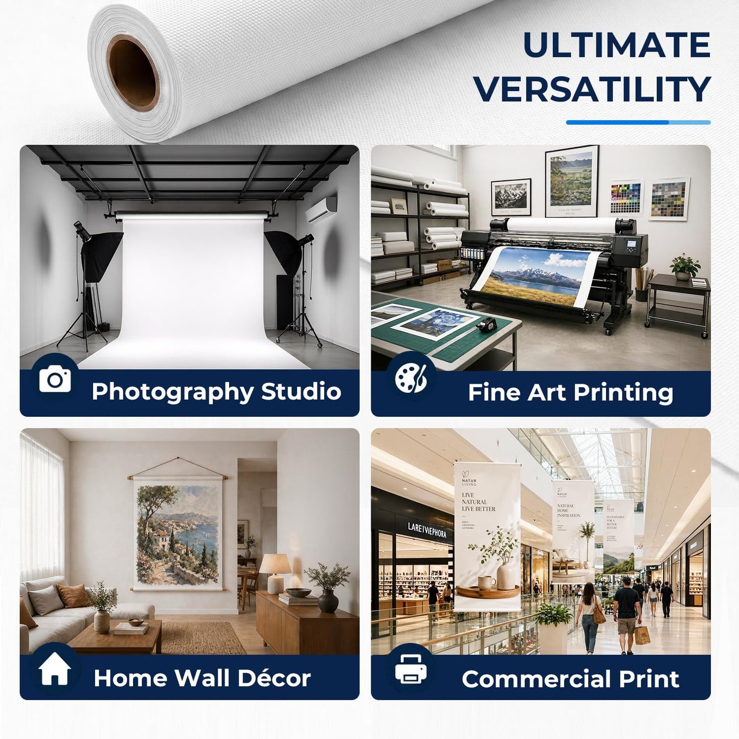 Premium Canvas Roll for Wide Format Printers, Quick Dry Water Resistant for Fine Art Reproduction, Commercial Printing, Studio Photography and Gallery Wrap, Matte Polyester 290 GSM 15 Mils 2" Core