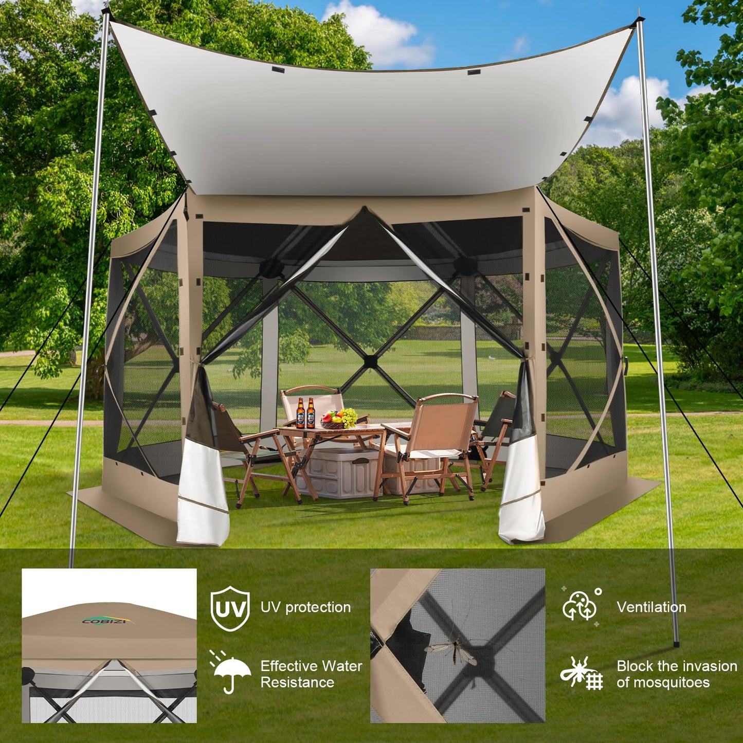 COBIZI 12x12 FT Pop Up Canopy Extendable Tent, Gazebos On Clearance, Screened in Gazebo,Screen Tents Portable carpas para Patio for Outdoor Camping,Backyard, Garden, Khaki(Upgraded)