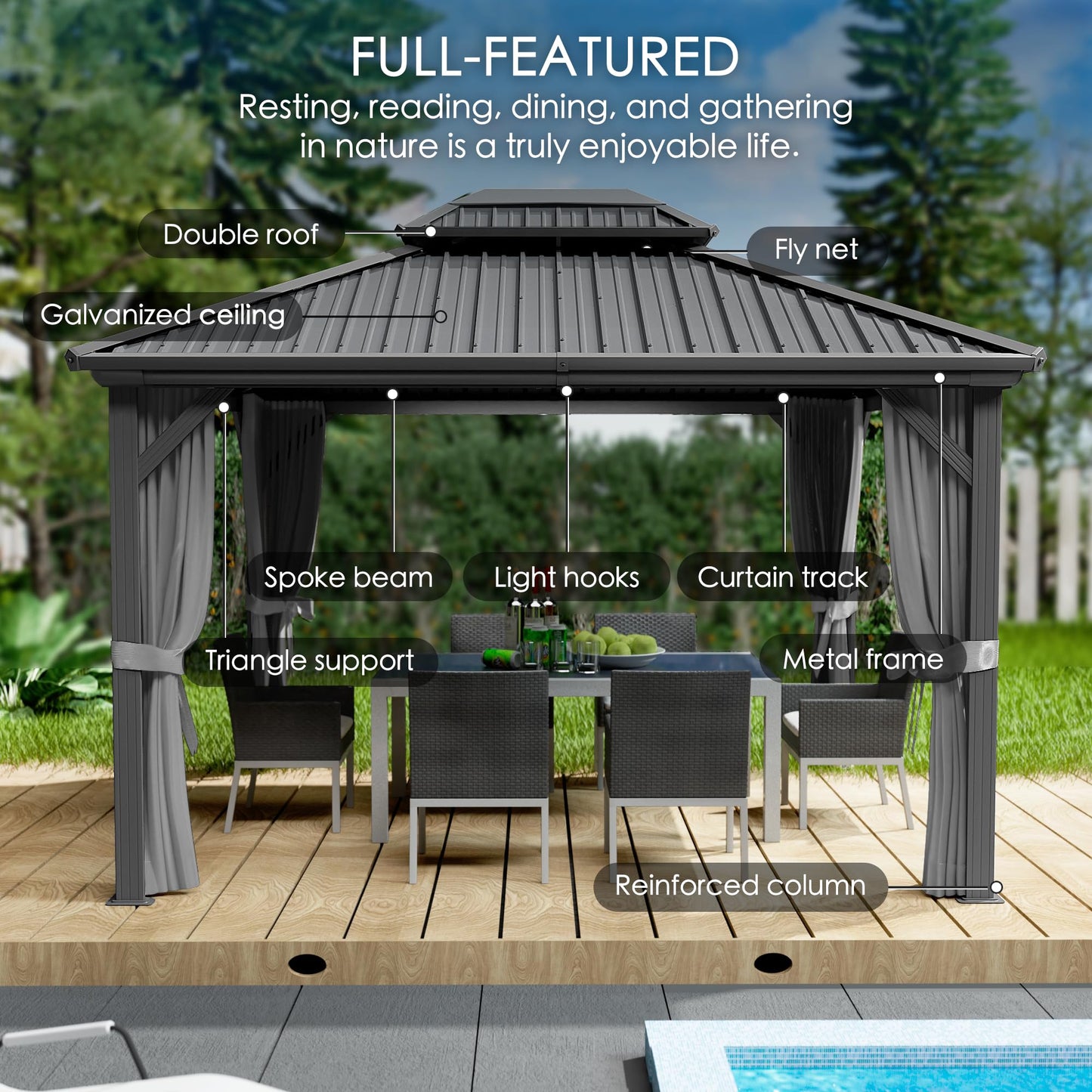 Kozyard Caesar 10'x12' Hardtop Gazebo - Permanent Metal Pavilion with Netting and Shaded Curtains for Patio, Backyard, and Deck - Galvanized Steel Outdoor Aluminum Canopy, Double Roof Gazebo (Grey)