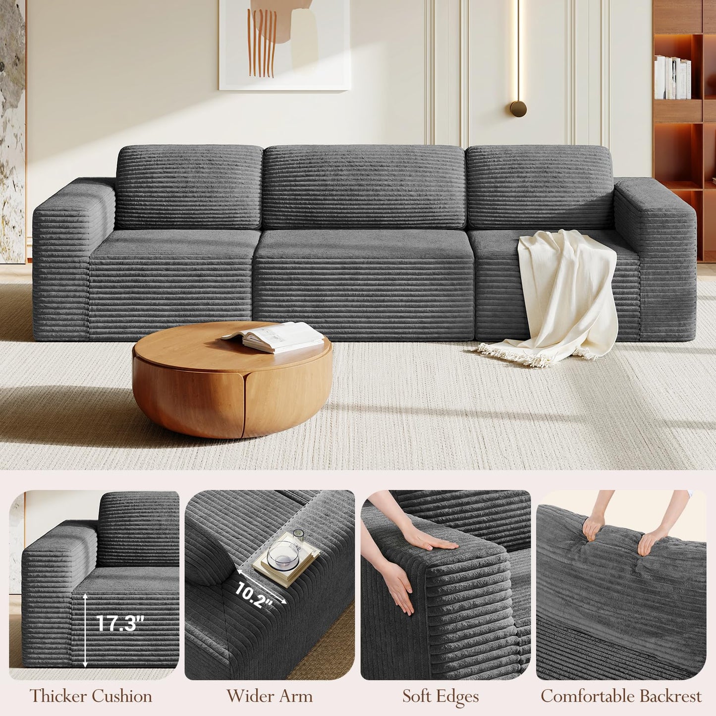119" Modular Sofa Set, Corduroy Cloud Sectional Couch with Extra Deep Seating & Reinforced Spring System, Compact 3-Seater Boneless Sofa for Living Room & Apartment Spaces, Tool-Free Setup, Grey