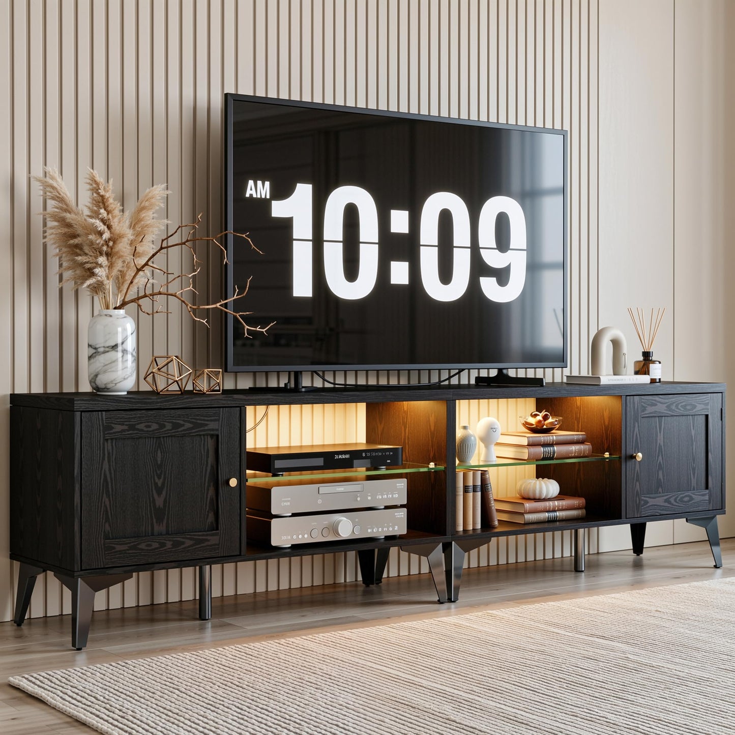 LIKIMIO 2-in-1 TV Stand for 85 Inch TV, Black TV Consoles with LED Lights