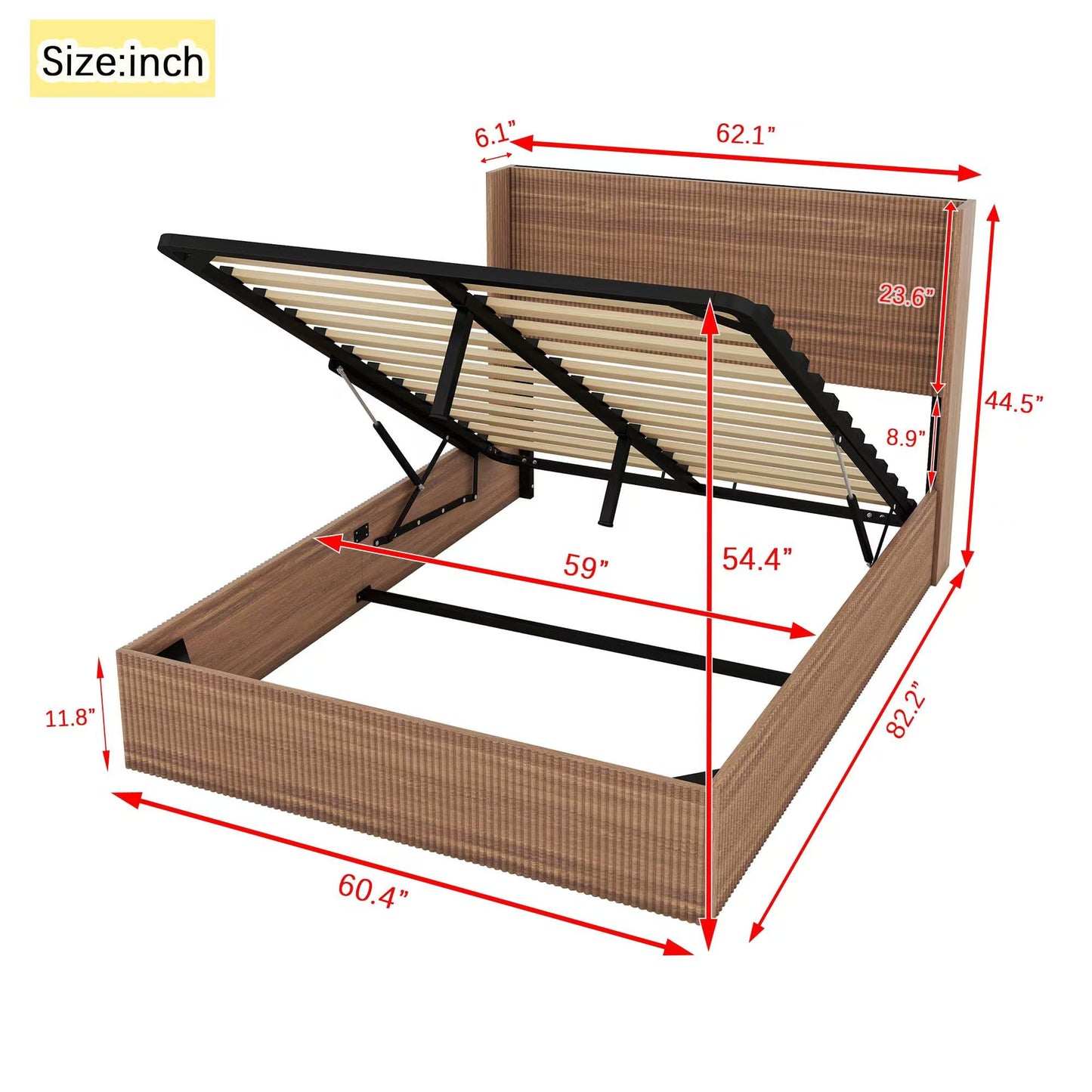 Ball & Cast Queen Size Lift Up Storage Bed Frame with Wingback Headboard,Wooden Grooved Undulating Platform Bed Frame Queen with Hydraulic Storage,No Box Spring Needed,Rustic Brown