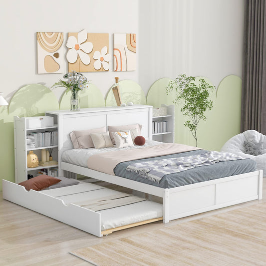 Acosure Queen Size Storage Platform Bed with Pull Out Shelves and Twin XL Size Trundle,Bedroom Wood Bed Frame W/Headboard,No Box Spring Required,for Kids Teens Girls Boys,White