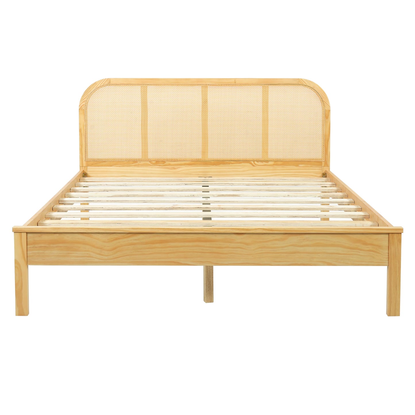 Merax Queen Size Natural Wood Bed Frame with Rattan Headboard, Boho Style Platform Bed Frame with Sturdy Solid Slats Support, No Box Spring Needed, 800lbs Capacity, Noise-Free, Easy Assembly