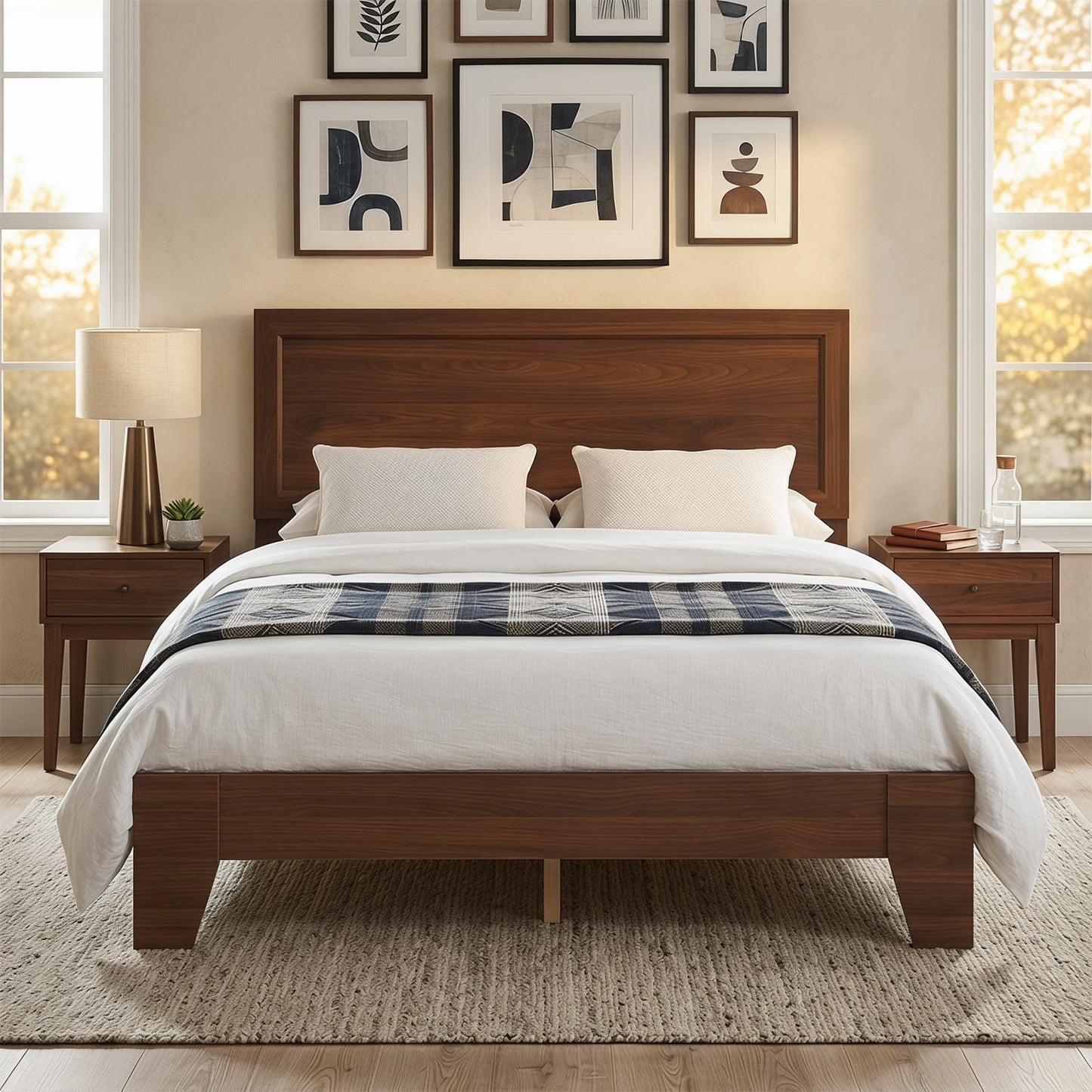 KOMFOTT Full Size Bed Frame, Mid-Century Modern Platform Bed with Headboard, Wooden Slat Support Mattress Foundation, Under-Bed Storage Space, No Box Spring Needed (Walnut,Full)