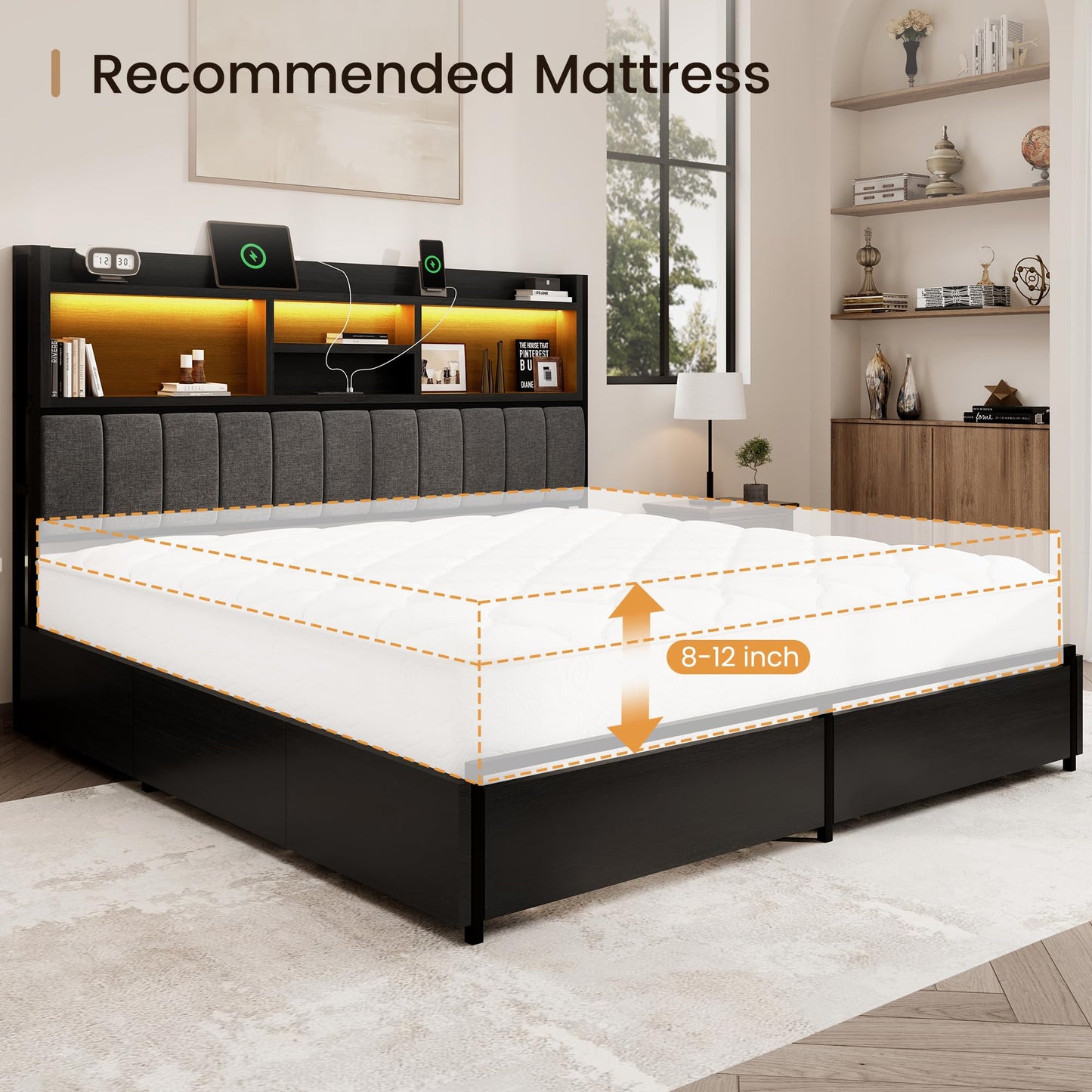 BRELTAM King Bed Frame with 6 Storage Drawers, Linen Upholstered Headboard, Built-in USB Charging Station & LED Lighting, Silent Metal Support, No Box Spring Needed, Vintage Black