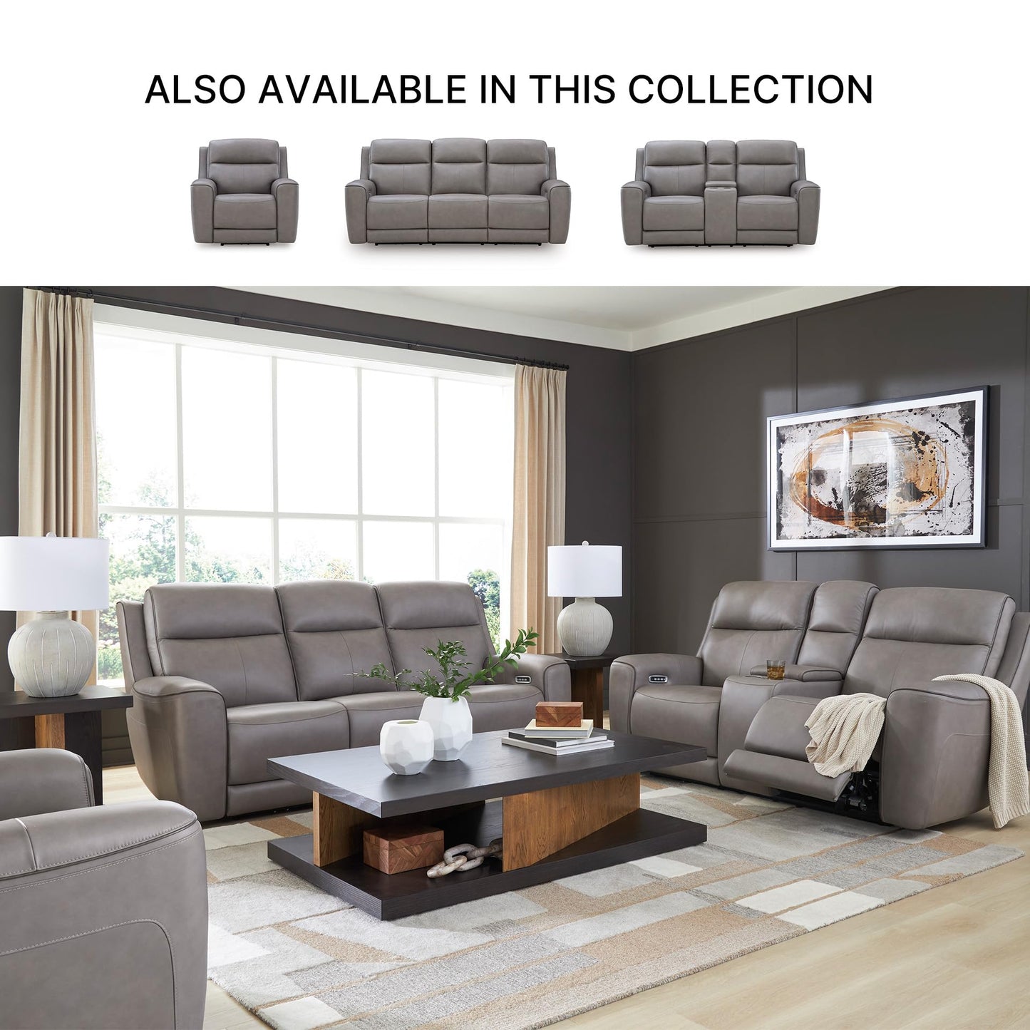 Signature Design by Ashley 5Z-Dreamlight Modern Leather Match Power Reclining Sofa with Drop Down Table, Massage System and Adjustable Headrest, Gray