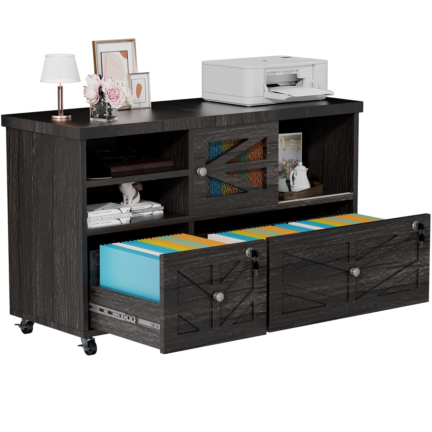 kepptory Lockable 2-Drawer Lateral File Cabinet with Open Storage Shelves, Rolling Filing Cabinet for Home Office, Holds Letter/Legal/A4 Files, Heavy Duty Mobile File Cabinet, Gray
