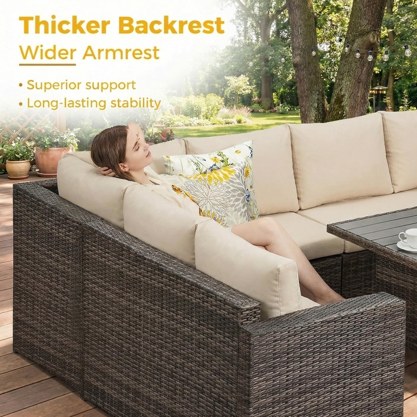 Wisteria Lane 7 Piece Patio Furniture Set, Wicker Patio Sectional with Wide Armrest, All Weather Outdoor Dining Set, Outdoor Furniture Patio Conversation Set with Ottoman, Brown