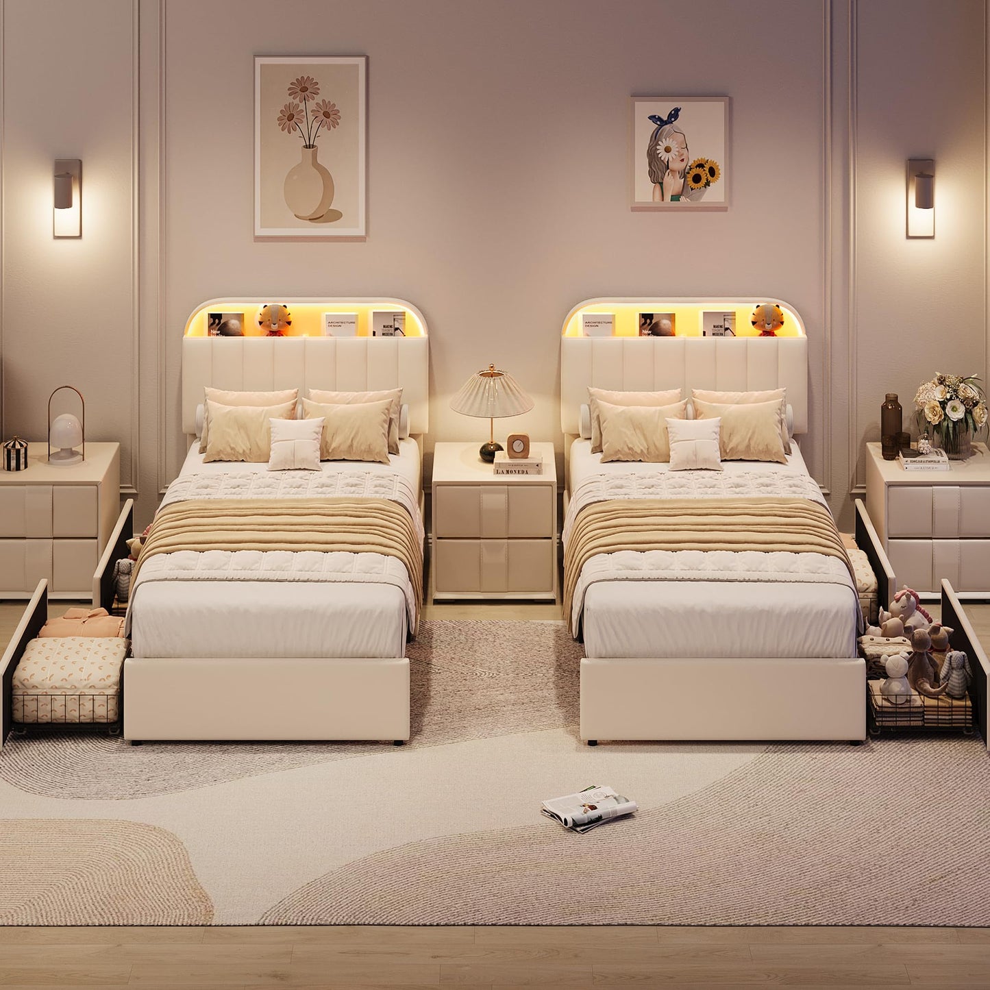 GarveeHome Twin XL Bed Frame with Storage Headboard, Kids Bed Frame with 2 Drawers, Velvet Upholstered Platform Bed Frame with Lights, No Box Spring Needed, Easy Assembly, Velvet White