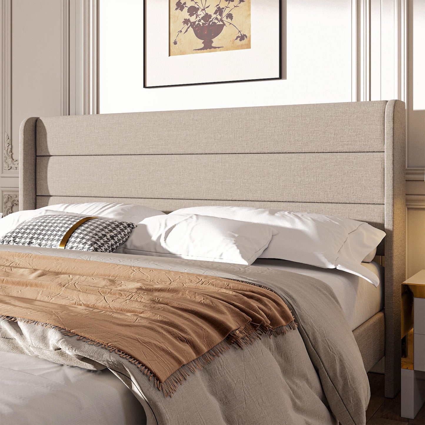 Mxhtcewz Queen Size Upholstered Platform Bed Frame, Modern Linen Fabric Bed with Wingback Headboard, Sturdy No Wobble, Noise-Free & Easy Assembly, No Box Spring Needed, Beige