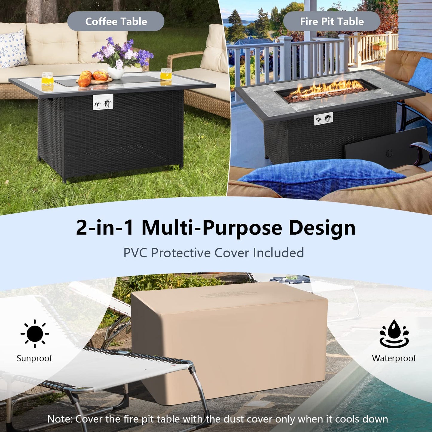 COSTWAY 52" Patio Propane Fire Pit Table, 50,000 BTU Outdoor Fire Table, Electric Pulse Ignition, Marble Tabletop & Weatherproof Rattan, Protective Cover Included, Perfect for Backyard, Poolside