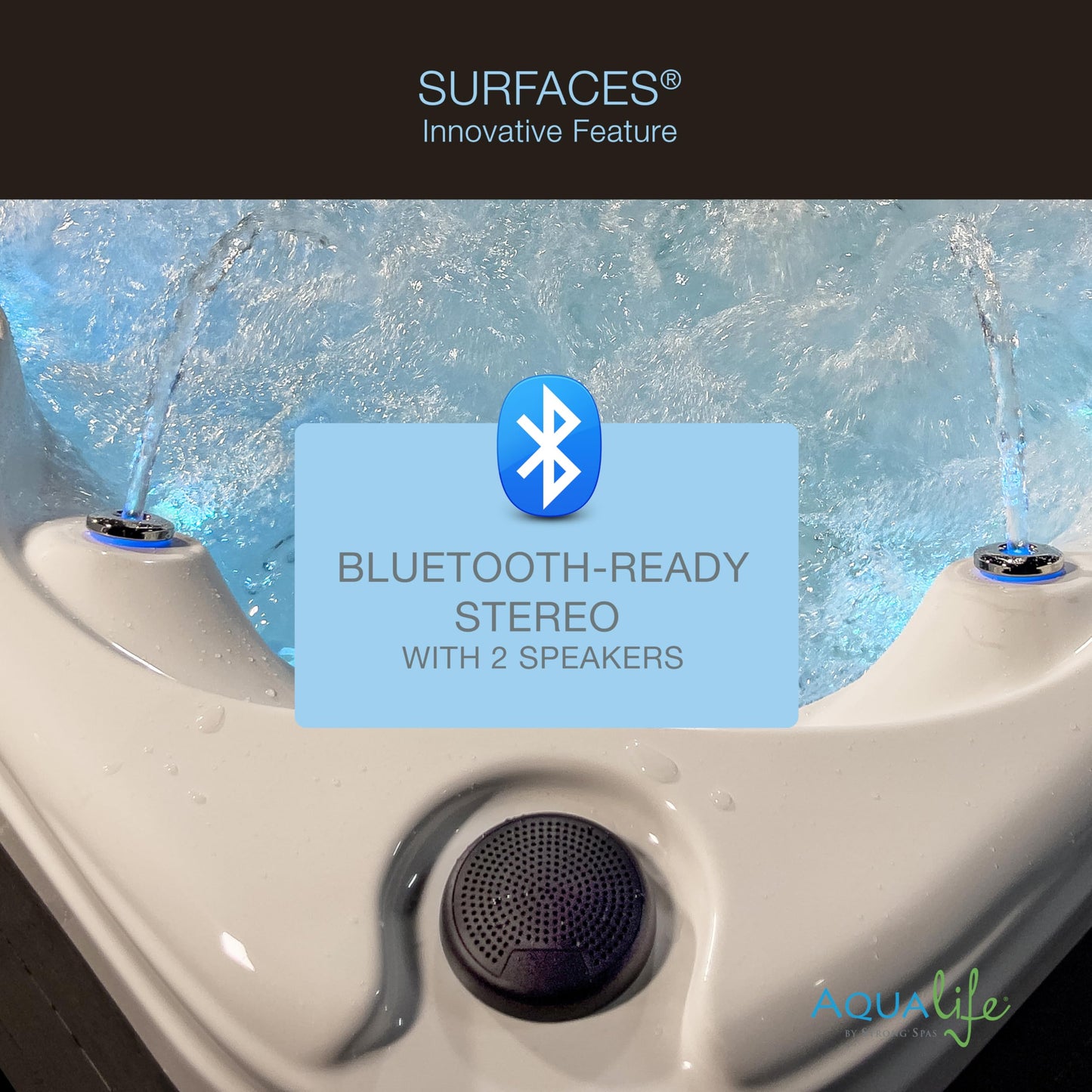 Surfaces Outdoor Hot Tub, Fits 4 Adults, 36 Jets, Double Lounger Seat Spa, Bluetooth, LED Lights, Cover Included, Wellness Tool, Aqualife by Strong Spas